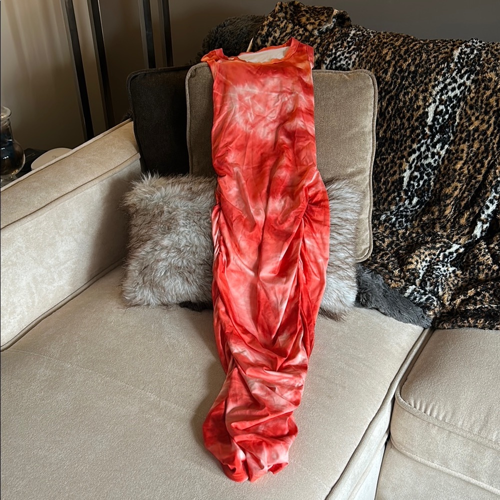 Orange/Coral Tie-Dye Sleeveless Bodycon Midi Dress